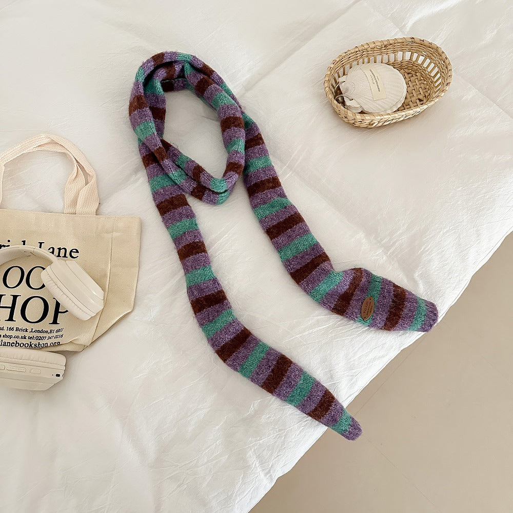 Striped Color Contrast Long Skinny Knit Scarf 6W6NSC86
