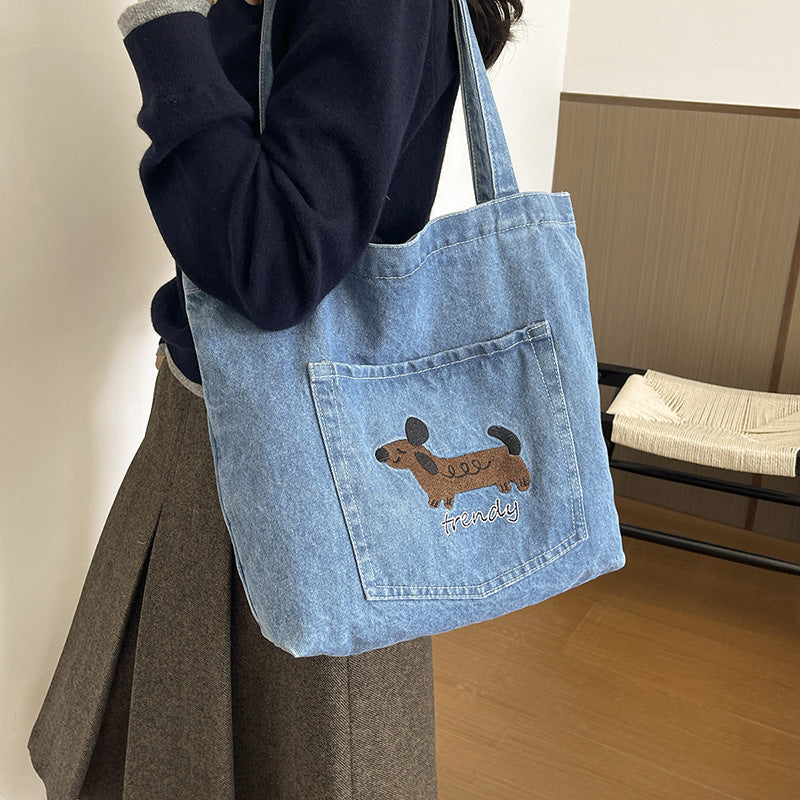 Vintage Embroidered Dog Denim Shoulder Tote Bag 6W10BBG2369
