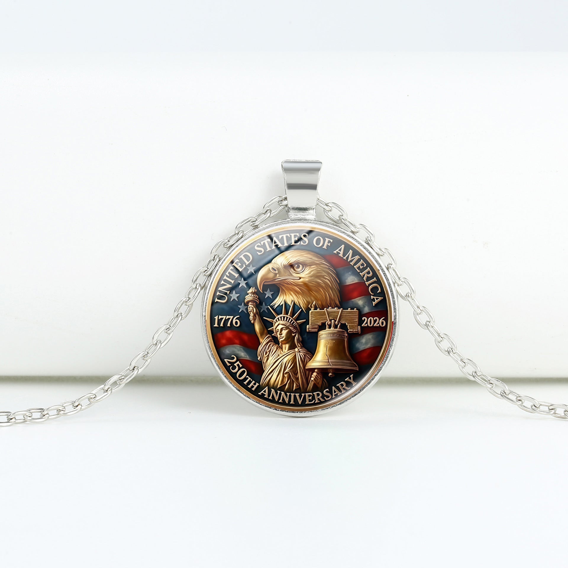 Retro USA Flag Pattern Round Pendant Chain Necklace 8ZA6JNC278T