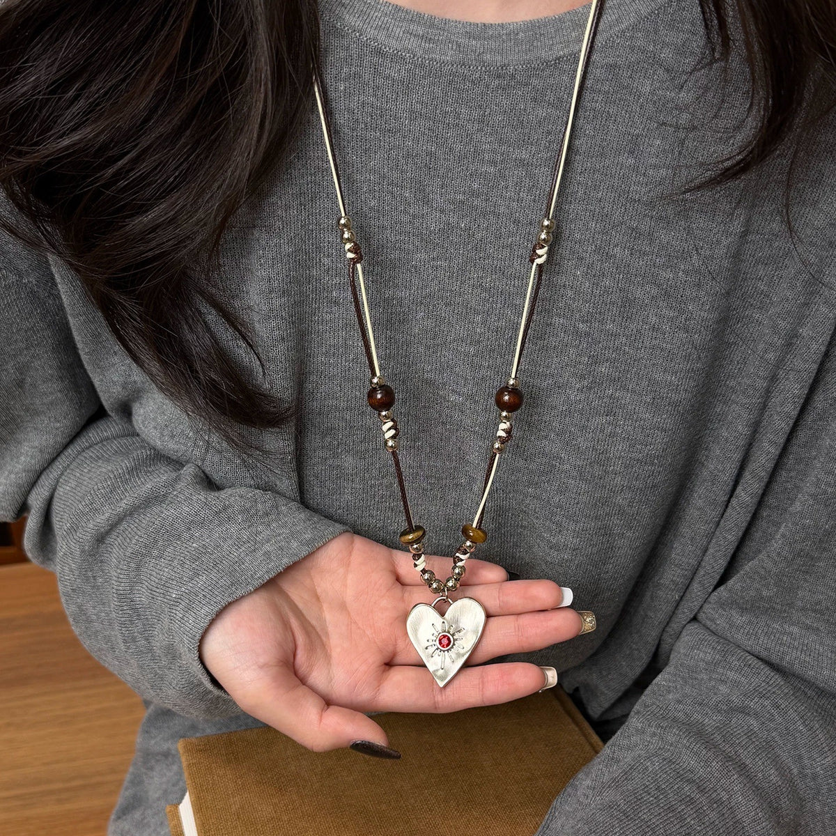 Long Beaded Heart Pendant Necklace - DippedShop Wholesale - #4627