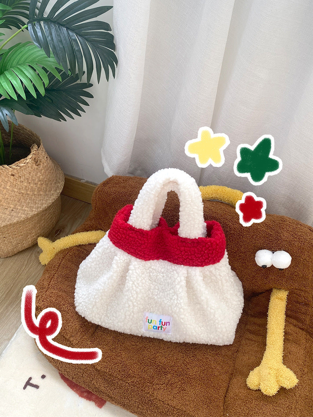 Cute Red Plush Fuzzy Christmas Tote Handbag 6W10BOB1346