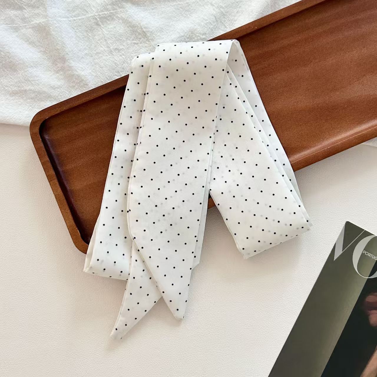 Retro Polka Dots Narrow Lightweight Silk Scarf MK2BLW6W6NSI62