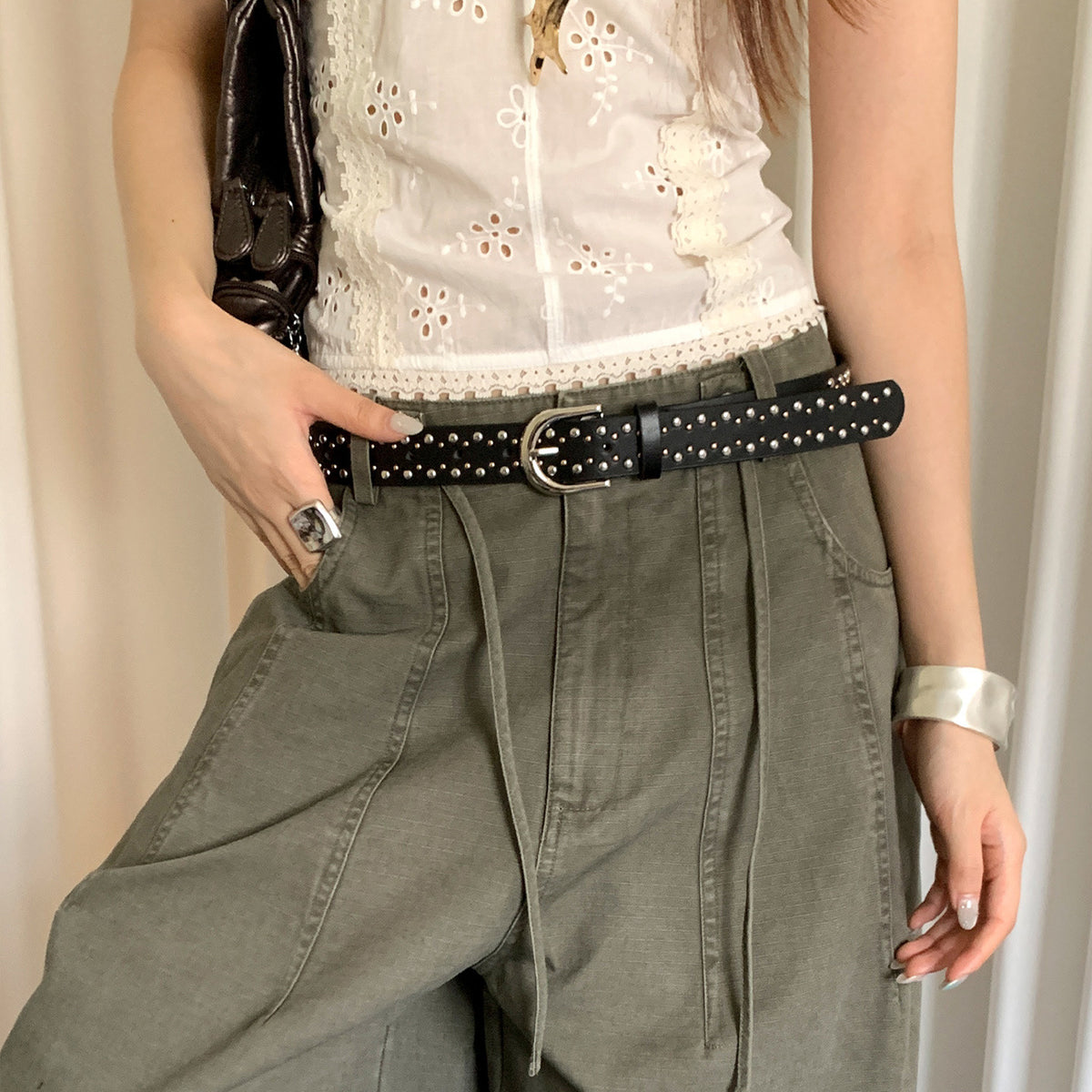 Trendy Double Grommet Studded PU Leather Belt 6W6JBT194