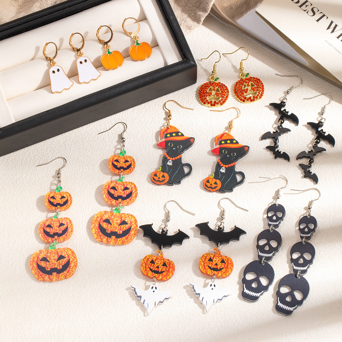 Halloween Pumpkin Bat Drop Earrings - DippedShop Wholesale - #3859