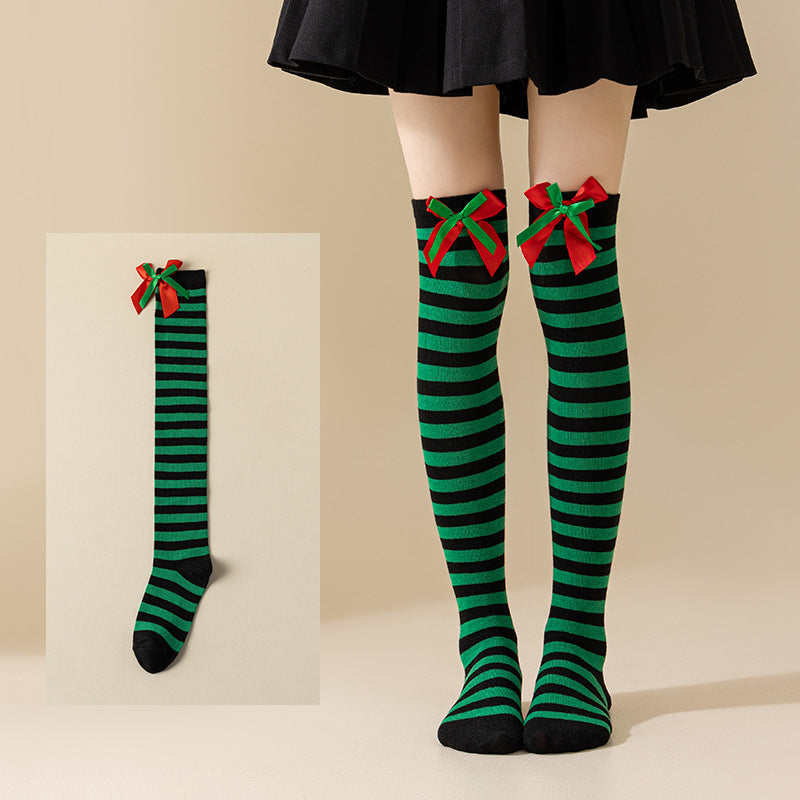 Christmas Bow Pom Pom Thigh High Socks 6W8FSO914