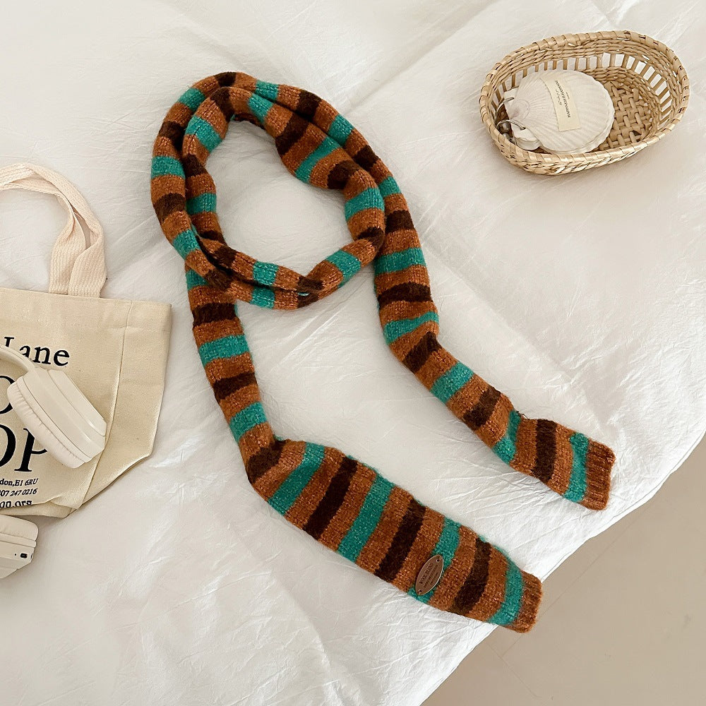 Striped Color Contrast Long Skinny Knit Scarf 6W6NSC86
