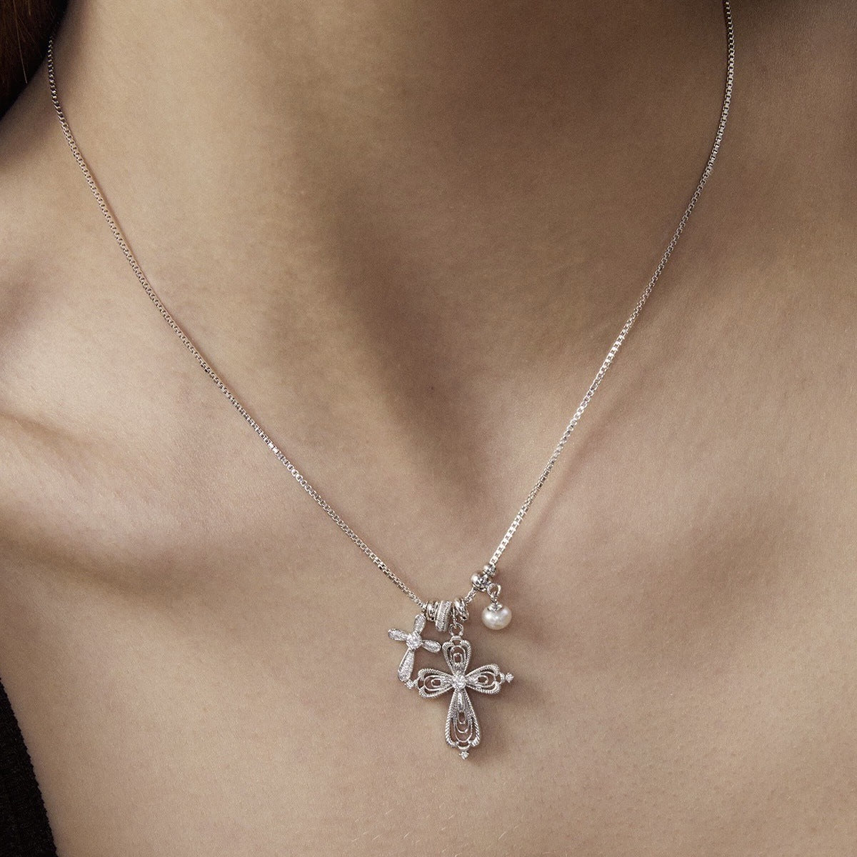 Fashion Gold Plated Cross Pendant Pearl Necklace 6W6JNC388L
