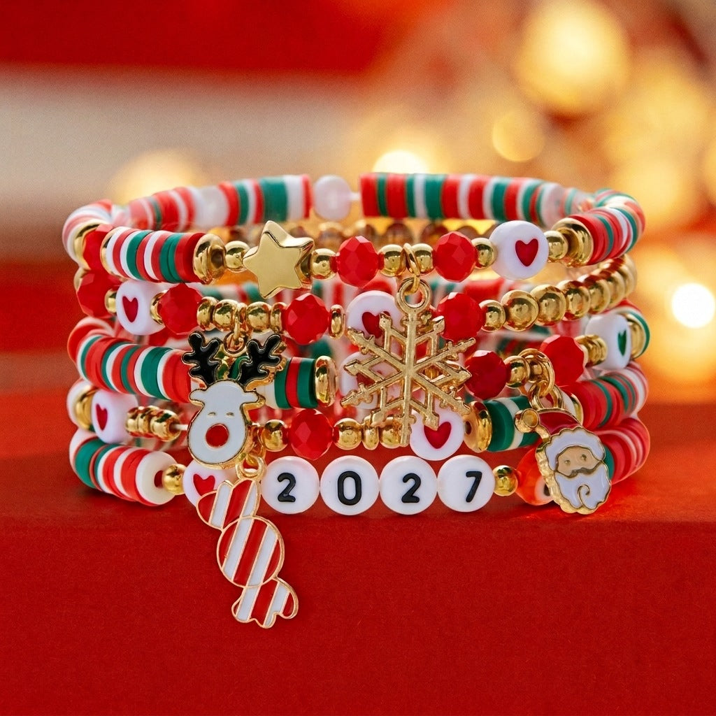 Christmas Multi-Layer Snowflake Charm Beaded Bracelet Set 6W6JBR652