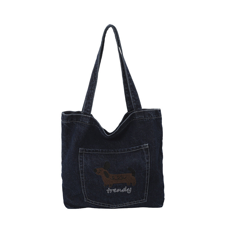 Vintage Embroidered Dog Denim Shoulder Tote Bag 6W10BBG2369