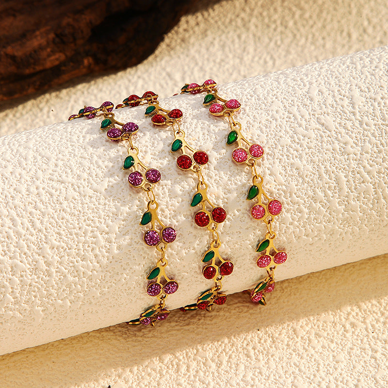 Cute Cherry Rhinestone Gold Plated Chain Bracelet 6W6JBR516