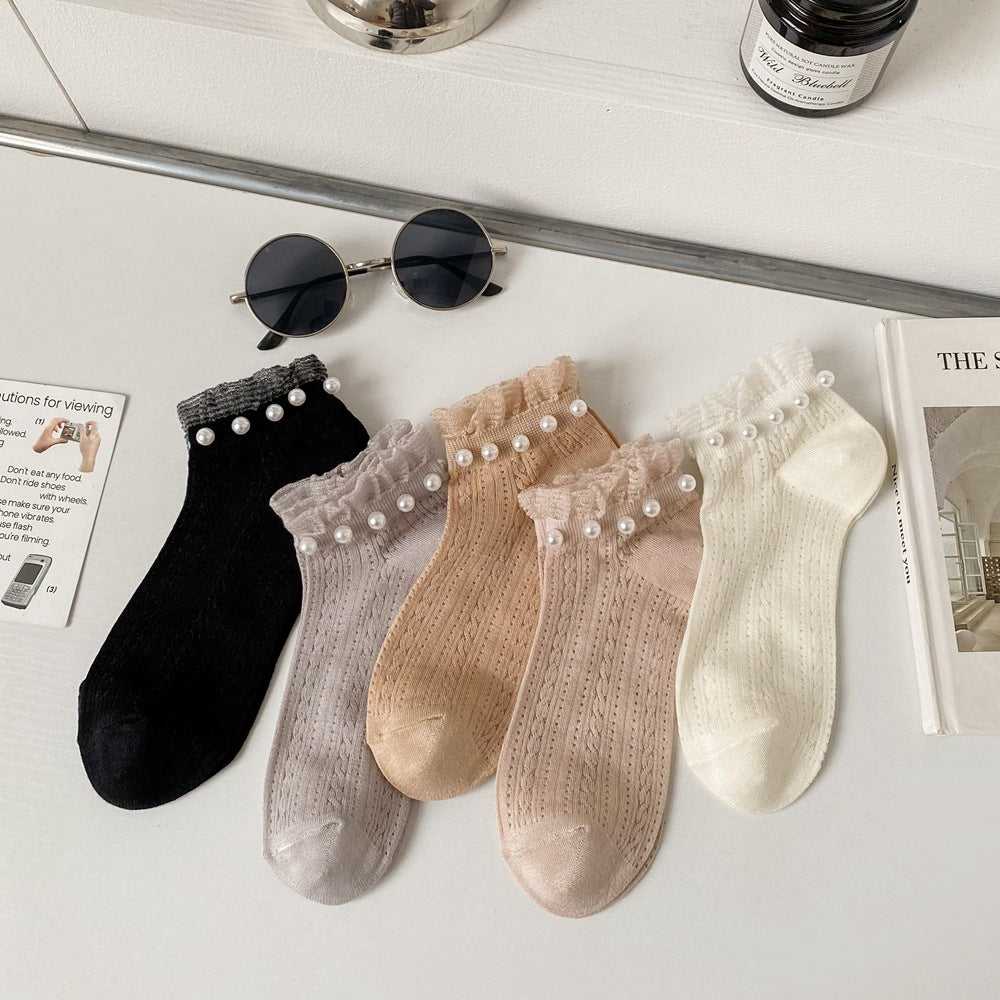 Elegant Pearl Lace Trim Ankle Socks 6W8FSO743