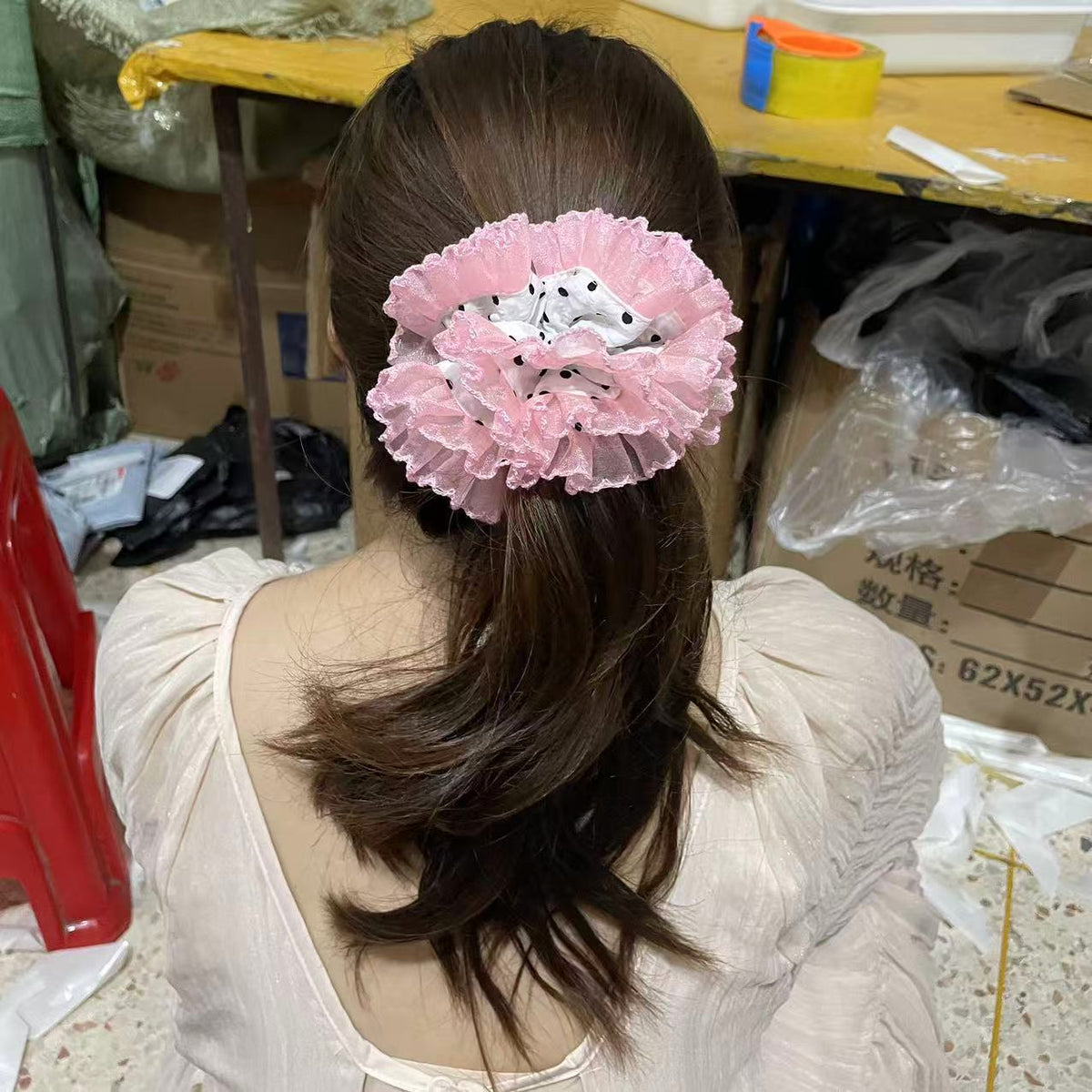 Simple Polka Dot Lace Trim Oversized Scrunchie 6W6HSR470