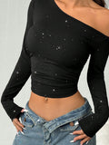 Rhinestone One Shoulder Crop Top - DippedShop Wholesale - #0323