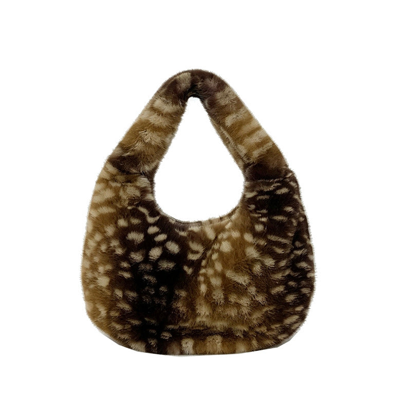 Cute Plush Deer Print Crescent Tote Bag 6W10BBG2368