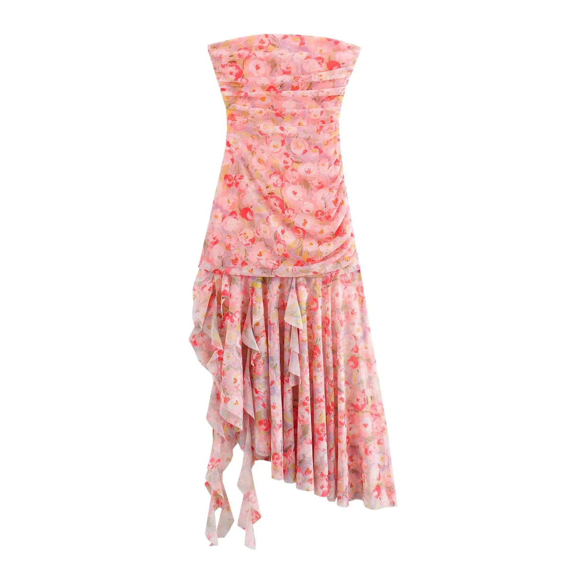 Trendy Strapless Printed Asymmetrical Midi Dress DP25C972