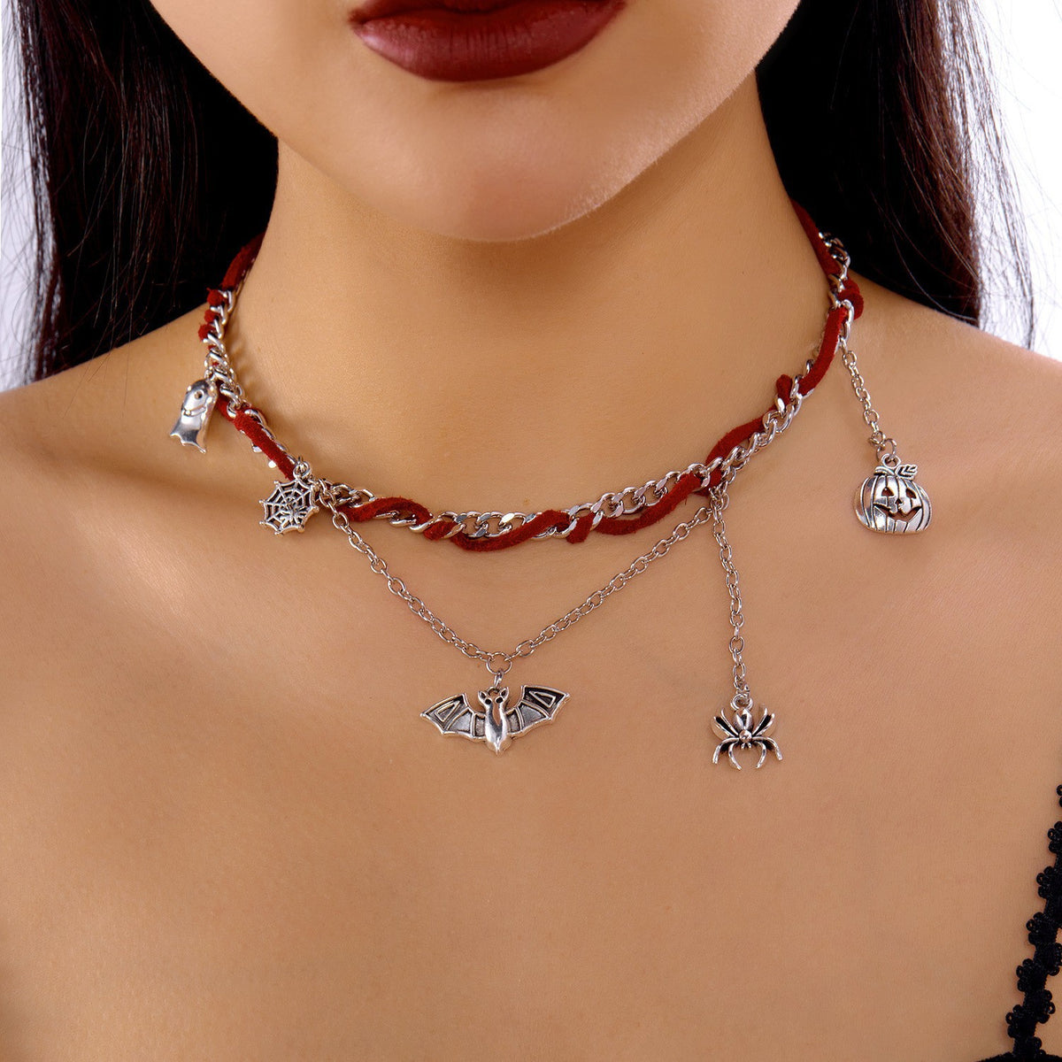 Vintage Halloween Gothic Bat Pumpkin Necklace 6W6JNC881