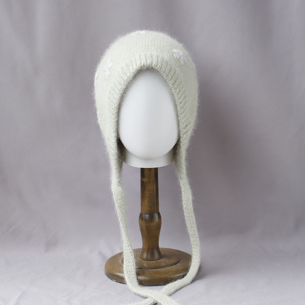 Floral Jacquard Angora Knit Bonnet With Ties 6W6HAT699