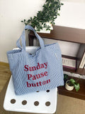 Stylish Letters Striped Print Large Capacity Tote Bag MK2BLW6W10BBG565