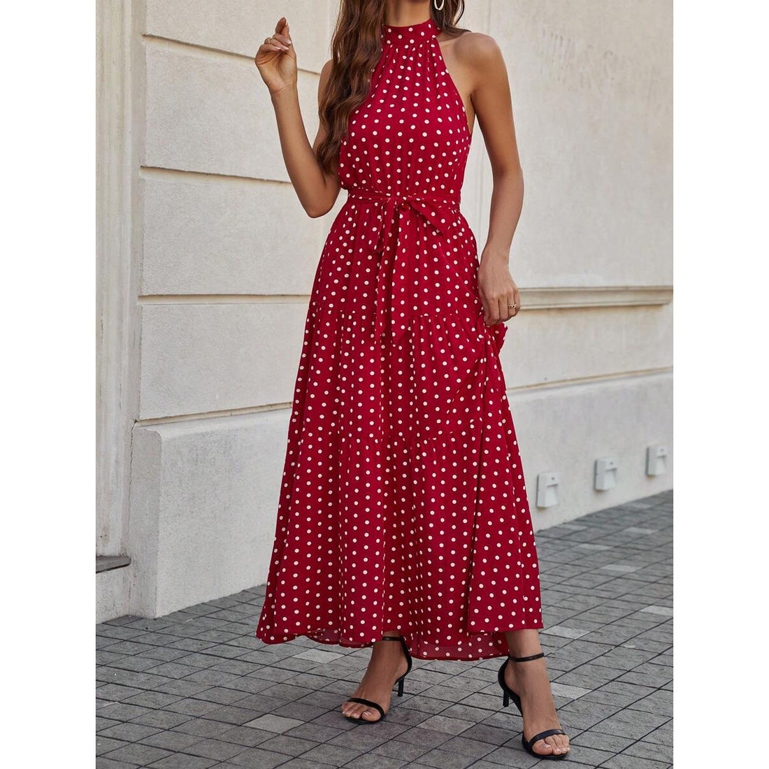Elegant Polka Dot Tie Waist Halter Dress DP25D597