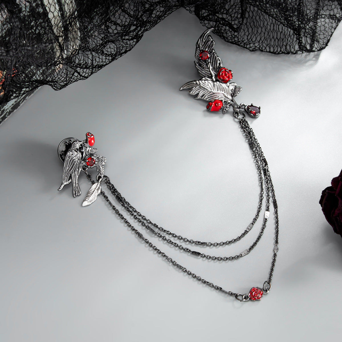 Dark Gothic Feather Rose Red Crystal Brooch 6W6JPB65