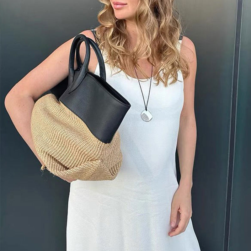 Stylish Splice Color Block Straw Woven Tote Bag 8CW6BBG529L