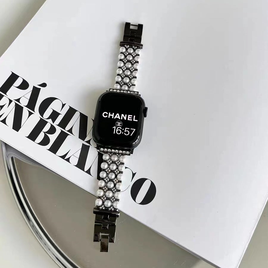 Luxury Metal Chain Pearl Rhinestones Watch Band 6W6JWA92