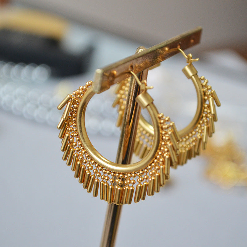 Gold Plated Exaggerated Tassel Hoop Earrings DP25E712