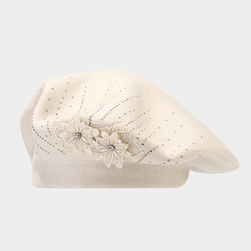Vintage Floral Rhinestones Knit Portable Beret Cap MK2COW6W6HAT227