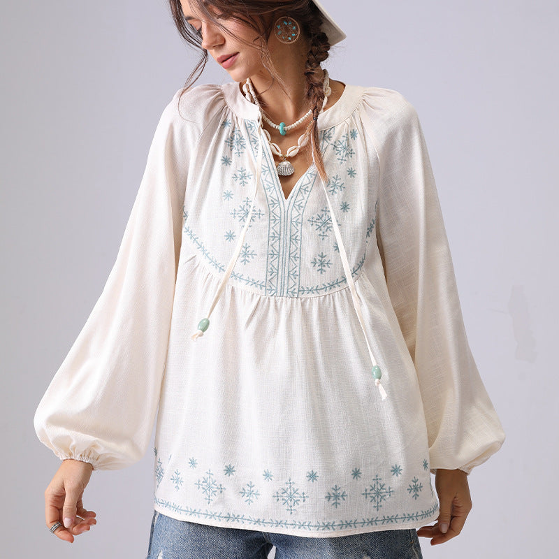 Floral Embroidered V-Neck String Loose Shirt DP25C864