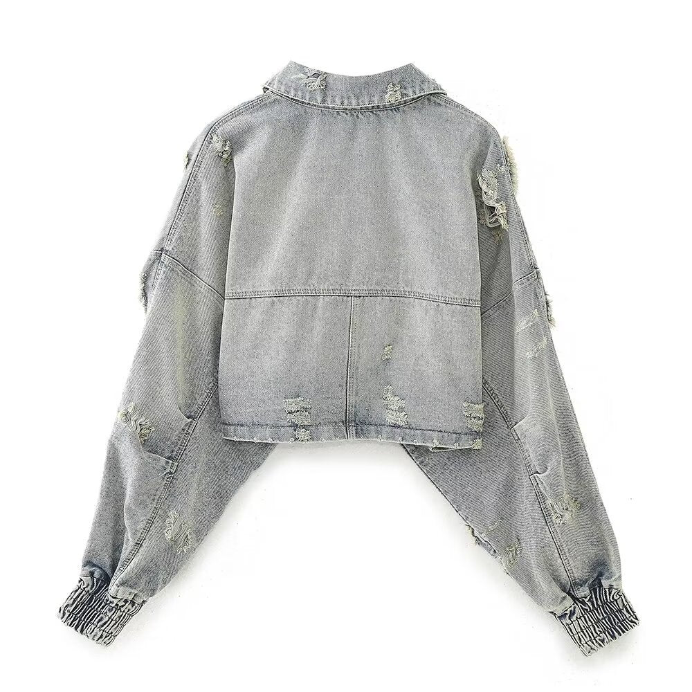 Trendy Ripped Denim Long Sleeve Cropped Jacket DP25E761