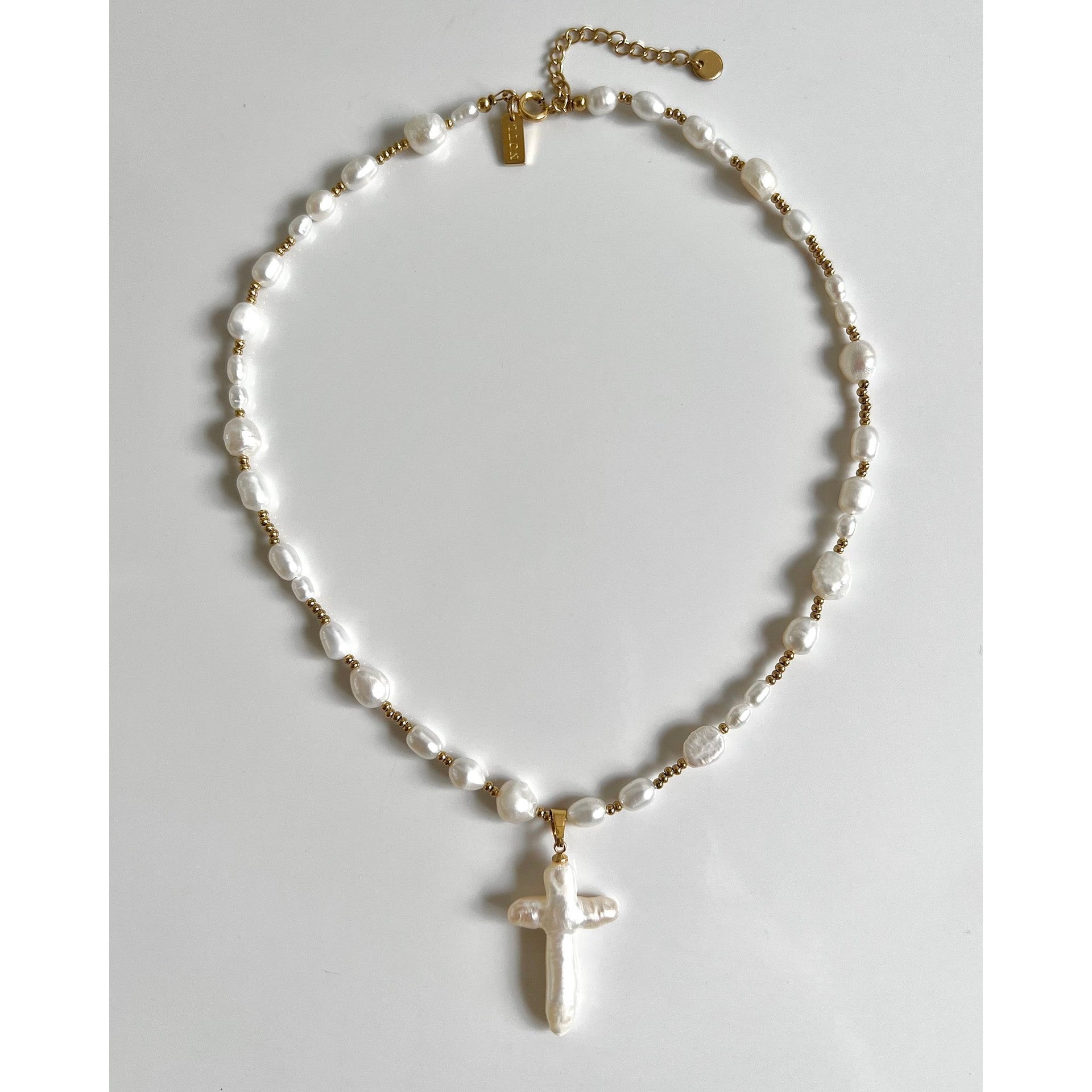 Natural Pearl Chain Cross Pendant Choker Necklace 6W6JNC639