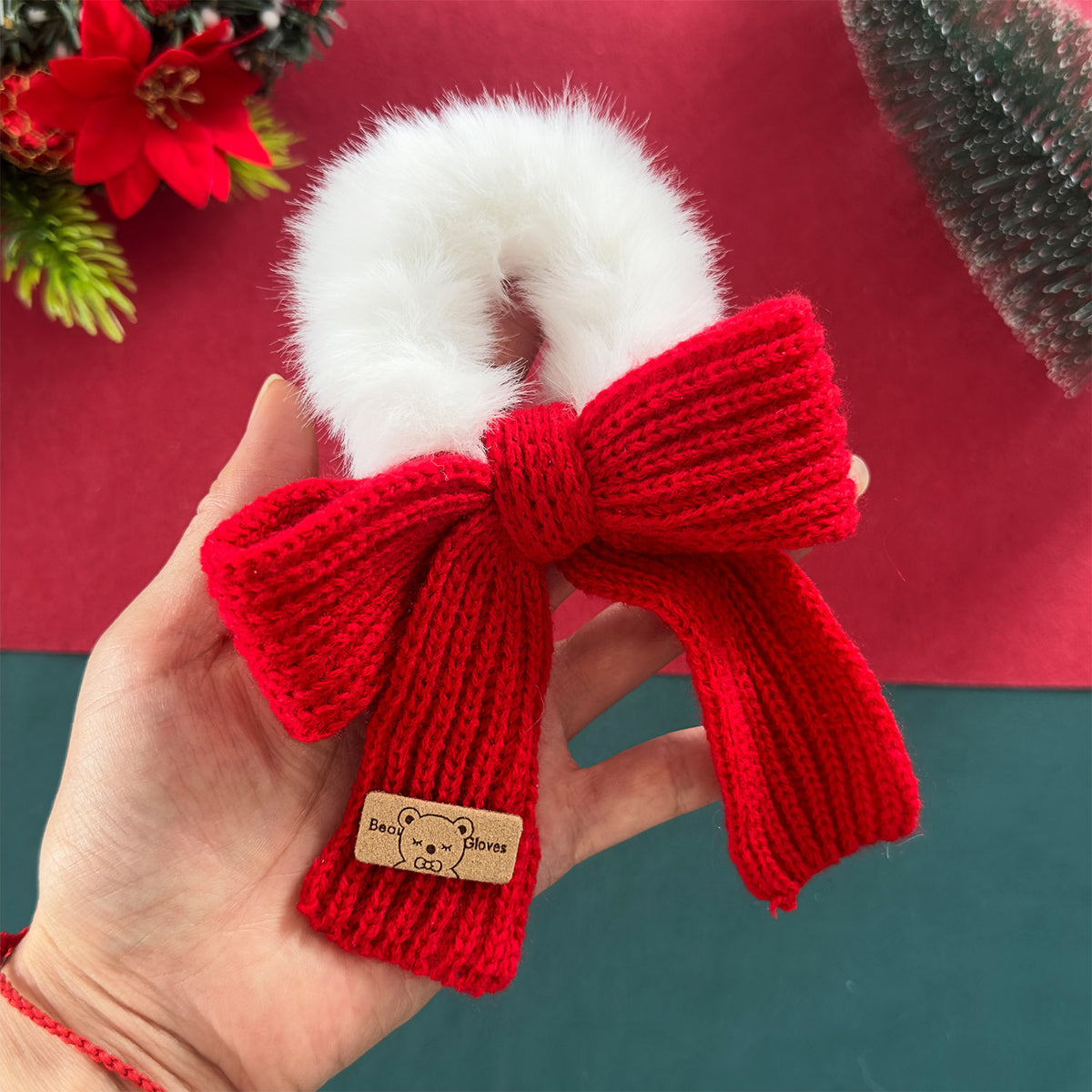 Christmas Knitted Plush Bow Holiday Hair Scrunchie 6W6HSR435