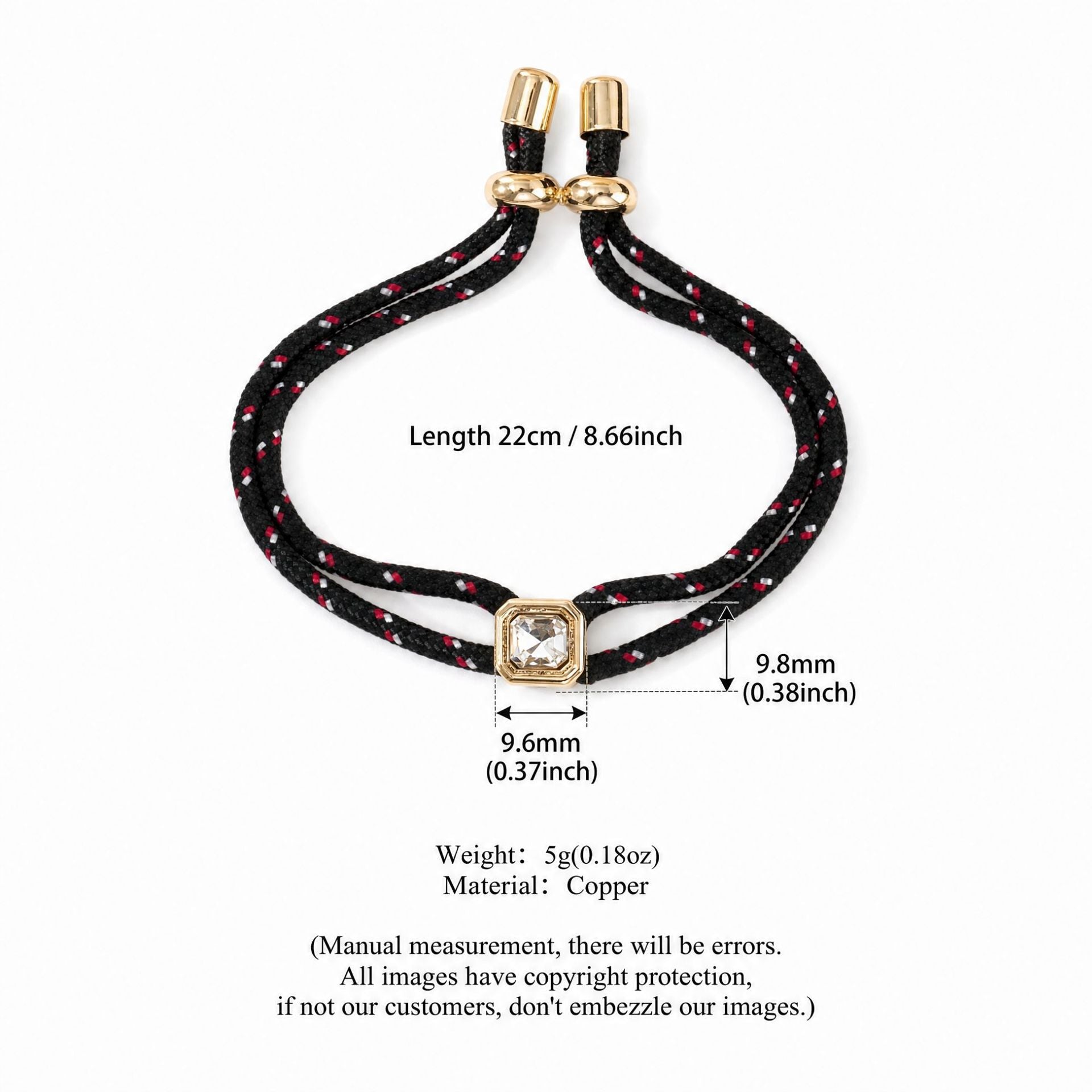 Trendy Square Rhinestone Adjustable Rope Bracelet 6W6JBR531