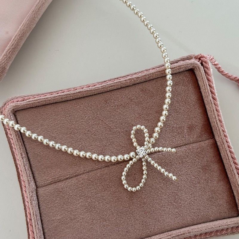Elegant Zirconia Bow Knot Pearl Chain Necklace 6W6JNC431