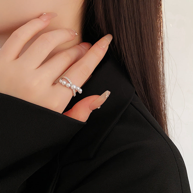 Elegant Cubic Zirconia Cross Pearl Open Ring 6W6JRG365