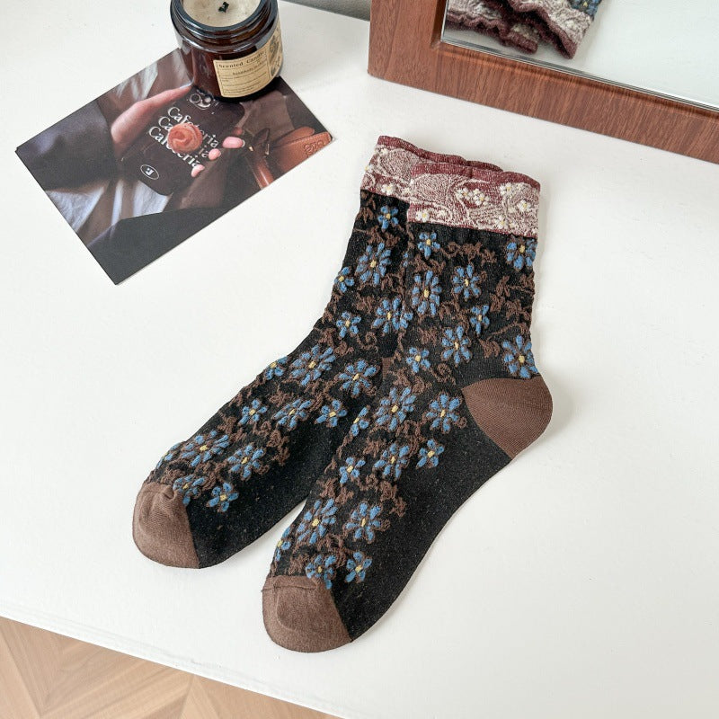 Vintage Floral Embossed Cotton Crew Socks 6W8FSO737