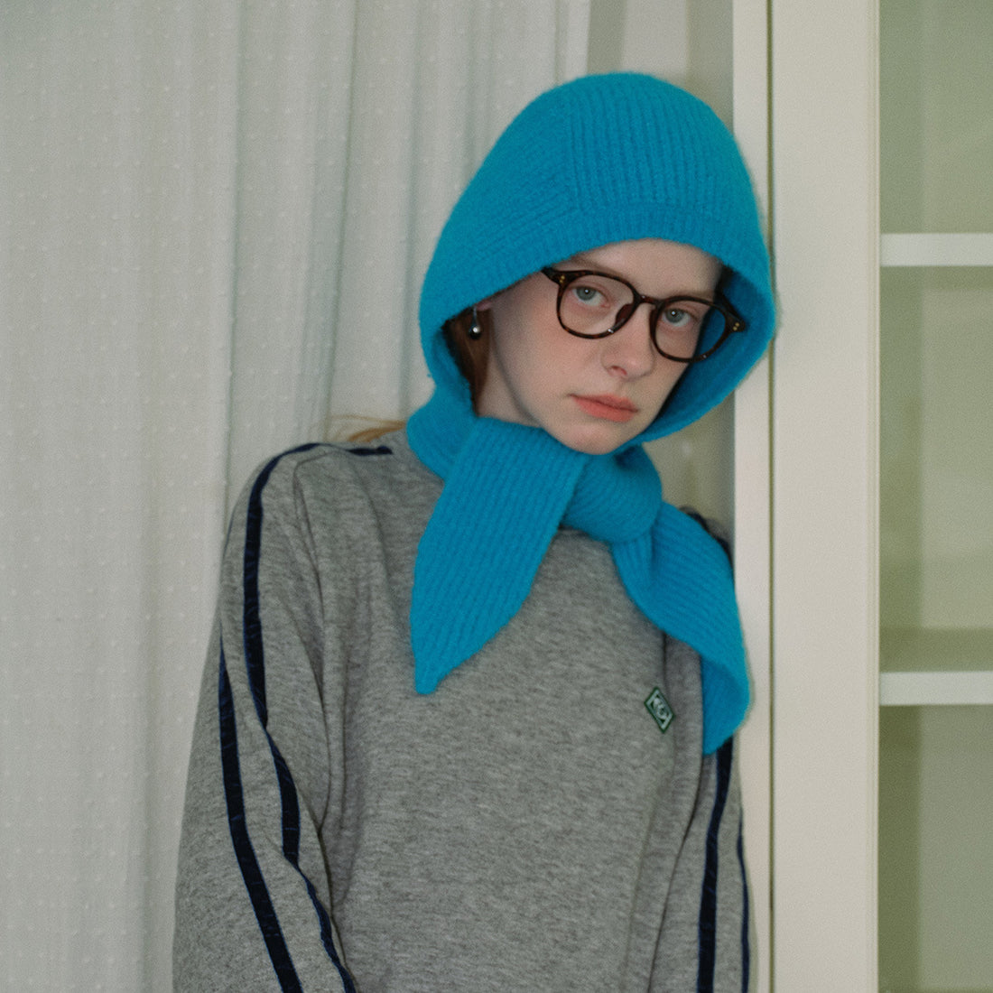 Simple Ribbed Knit Hat Solid Color Hooded Scarf DP25H726