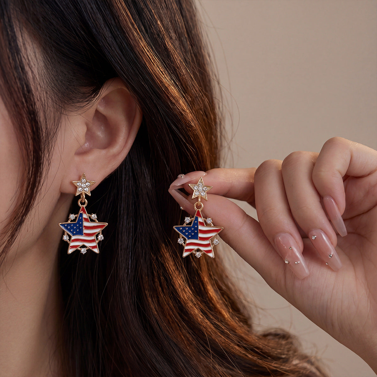 Retro USA Flag Star Pendant Dangle Earring 8ZA6JER195L