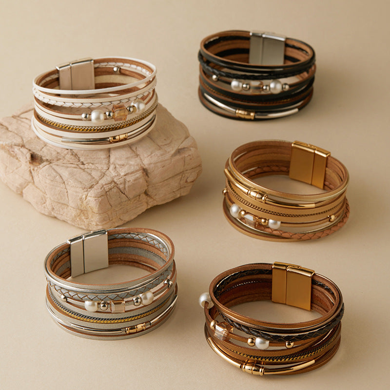 Vintage Pearl Layered Leather Bracelets DP25B598