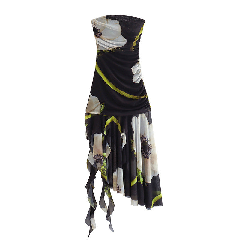 Trendy Strapless Printed Asymmetrical Midi Dress DP25C972