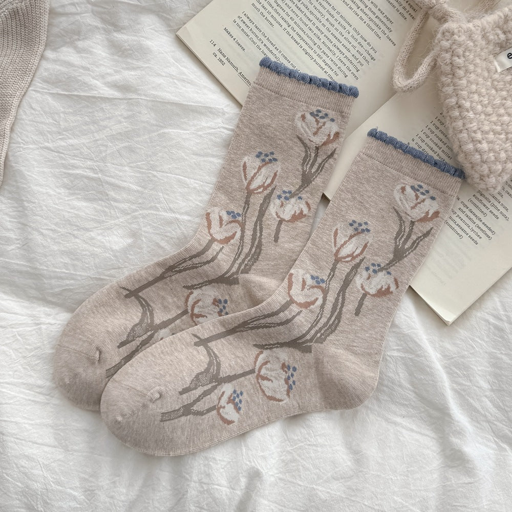 Floral Jacquard Cotton Socks - DippedShop Wholesale - #4915