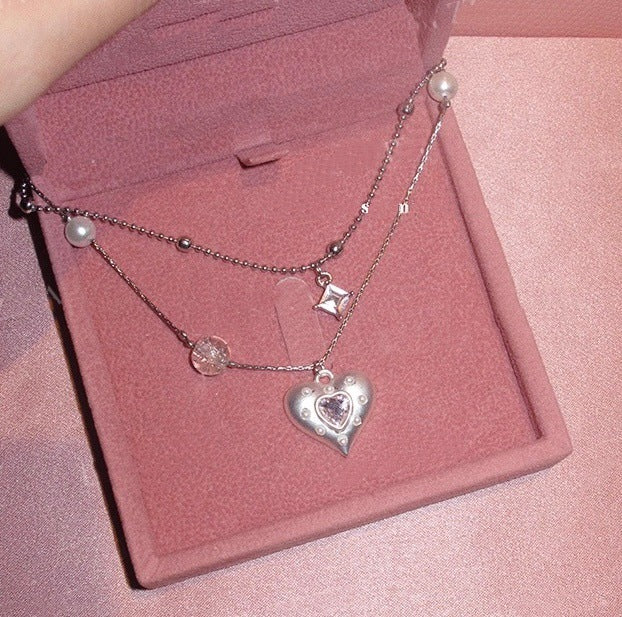 Double-Layer Cubic Zirconia Heart Pendant Necklace 6W6JNC381L