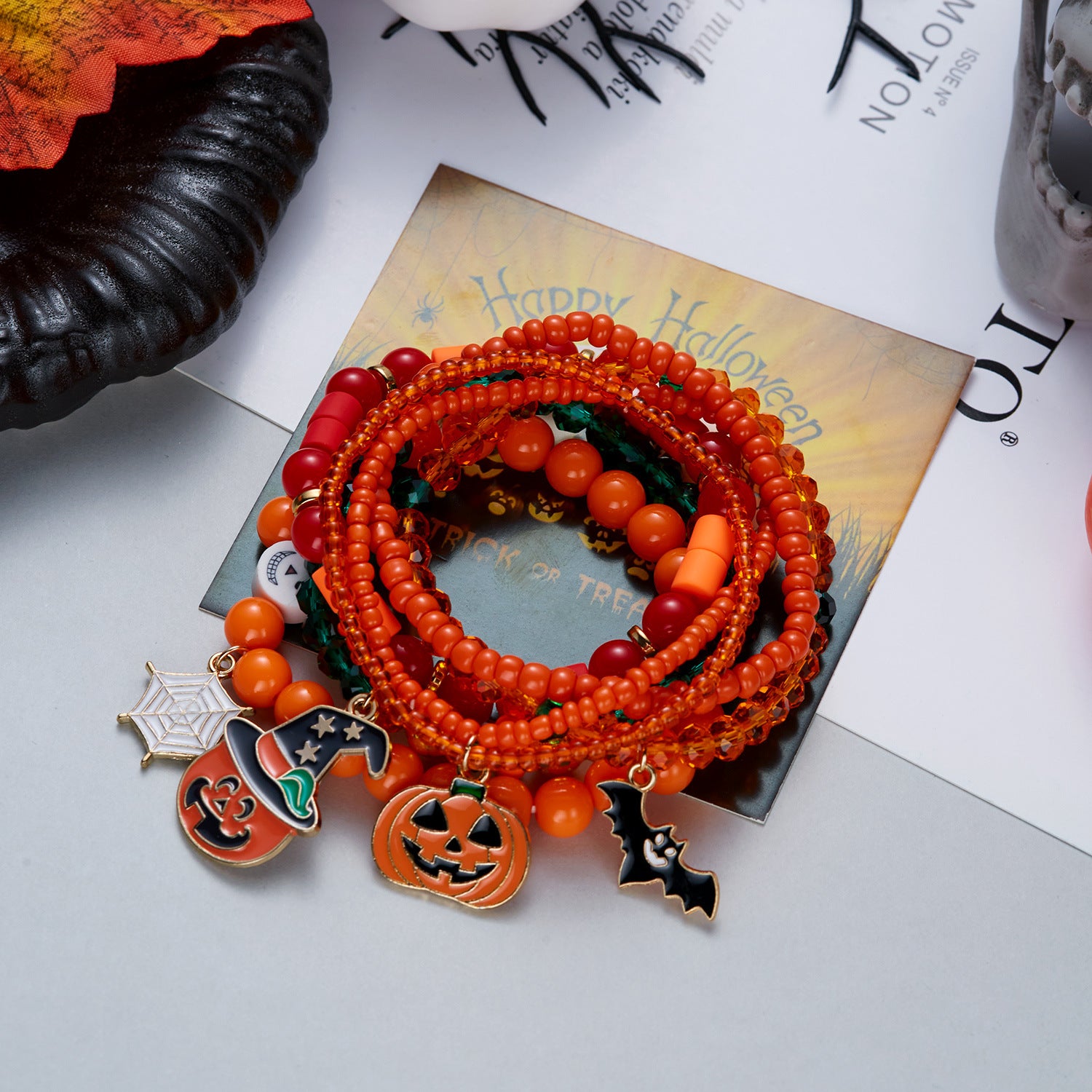 Playful Halloween Pumpkin Spider Beaded Bracelet 6W6JBR450