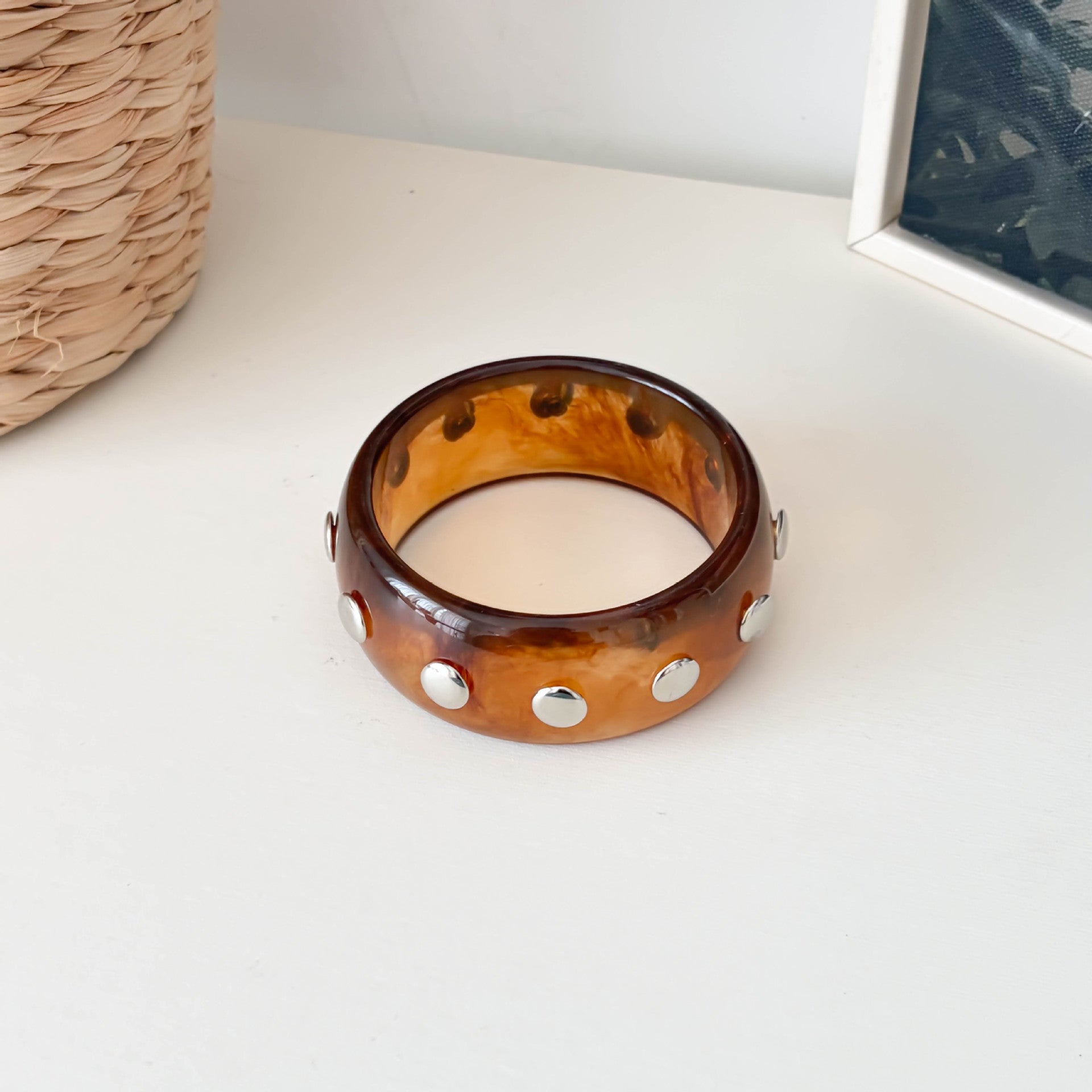 Retro Studded Wide Resin Bangle Bracelet 6W6JBR572