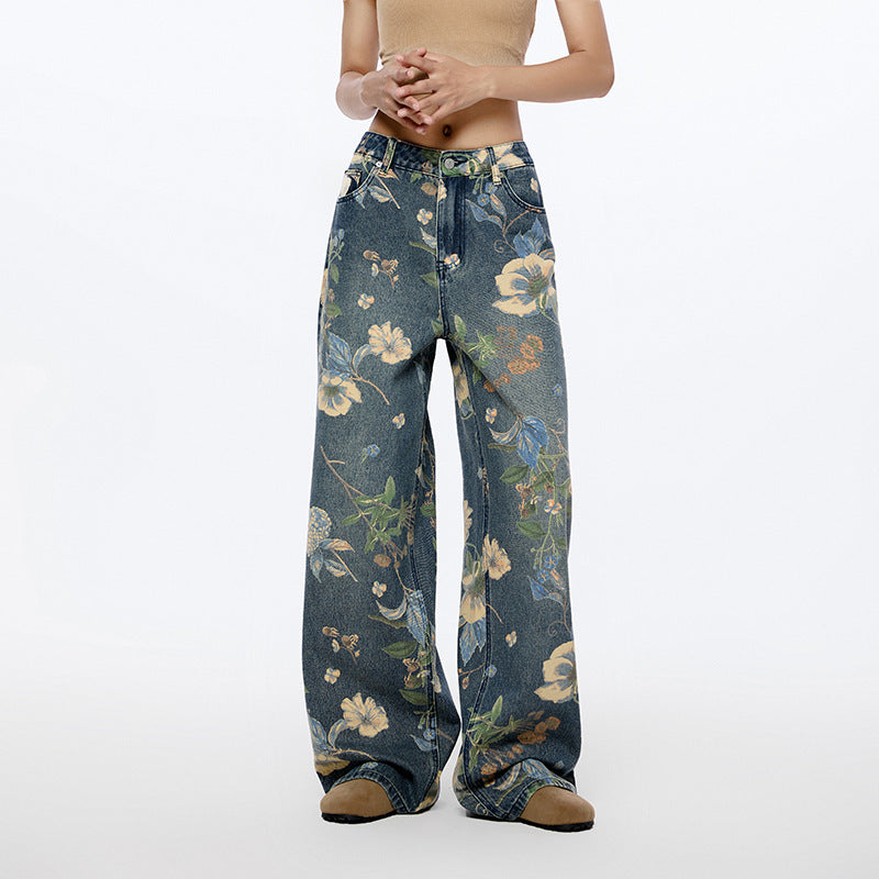 Flower Printed High Rise Wide Leg Baggy Jeans DP25G911