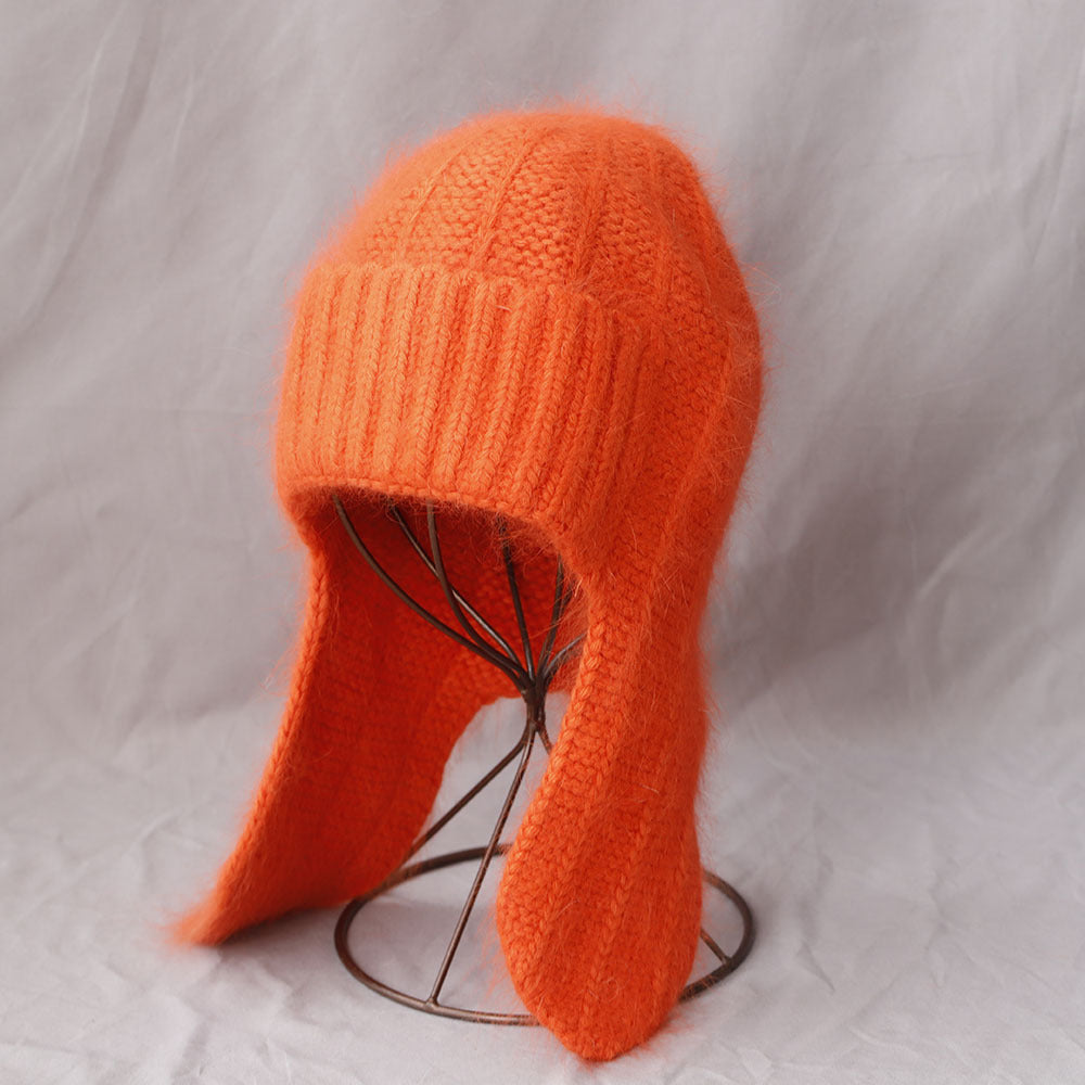 Fuzzy Angora Rabbit Fur Earflap Knit Beanie 6W6HAT691
