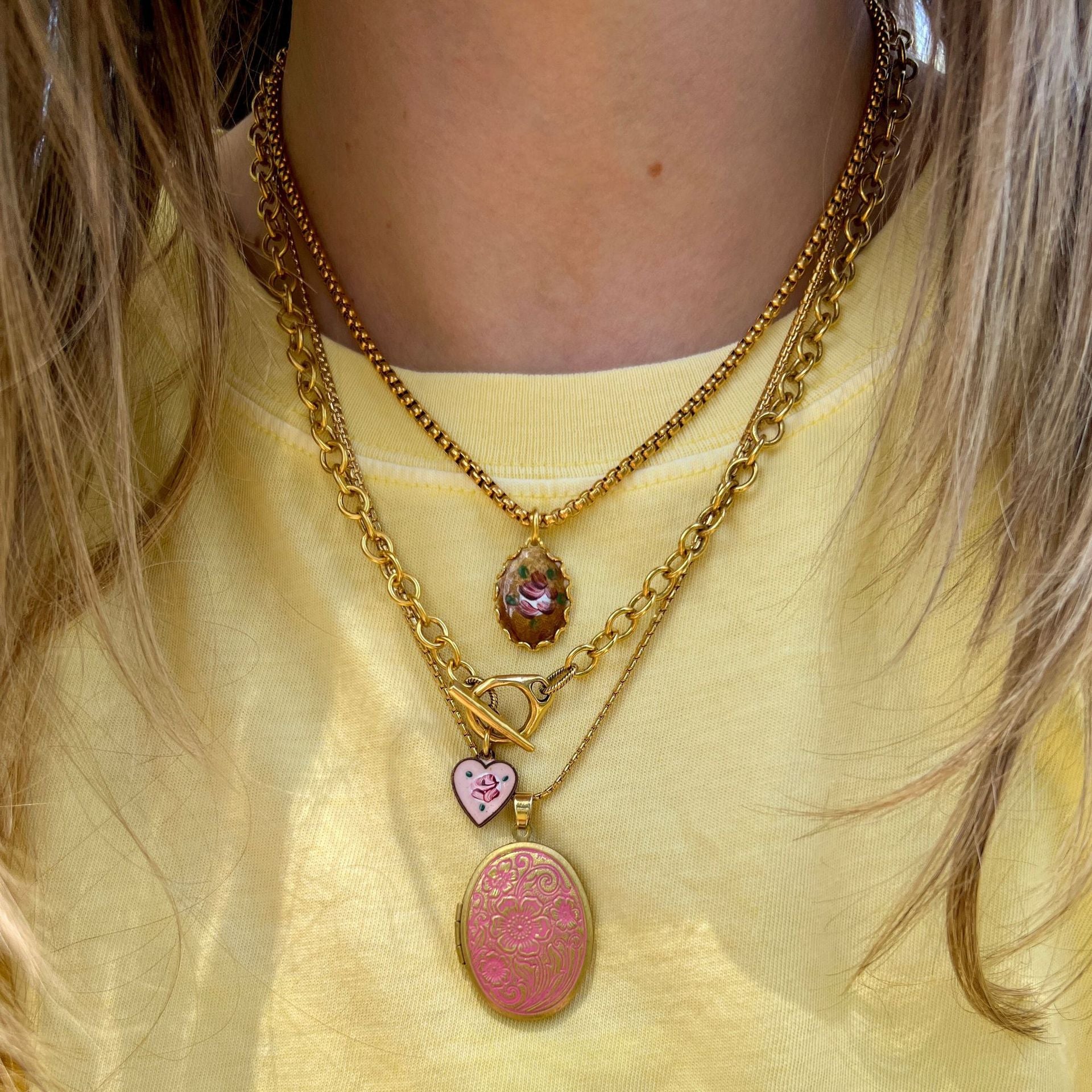Retro Floral Print Oval Pendant Chain Necklace 6W6JNC412L