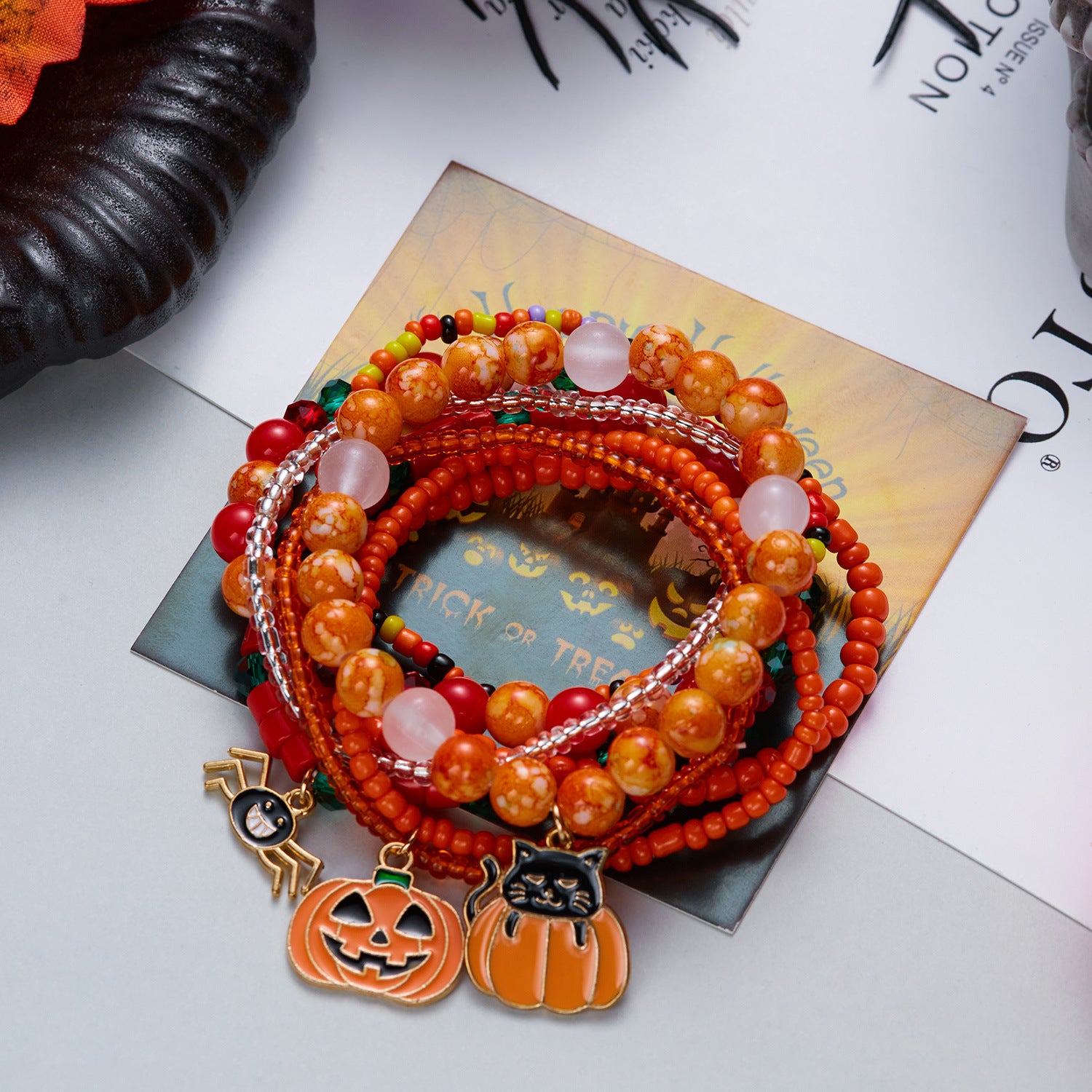 Playful Halloween Pumpkin Spider Beaded Bracelet 6W6JBR450