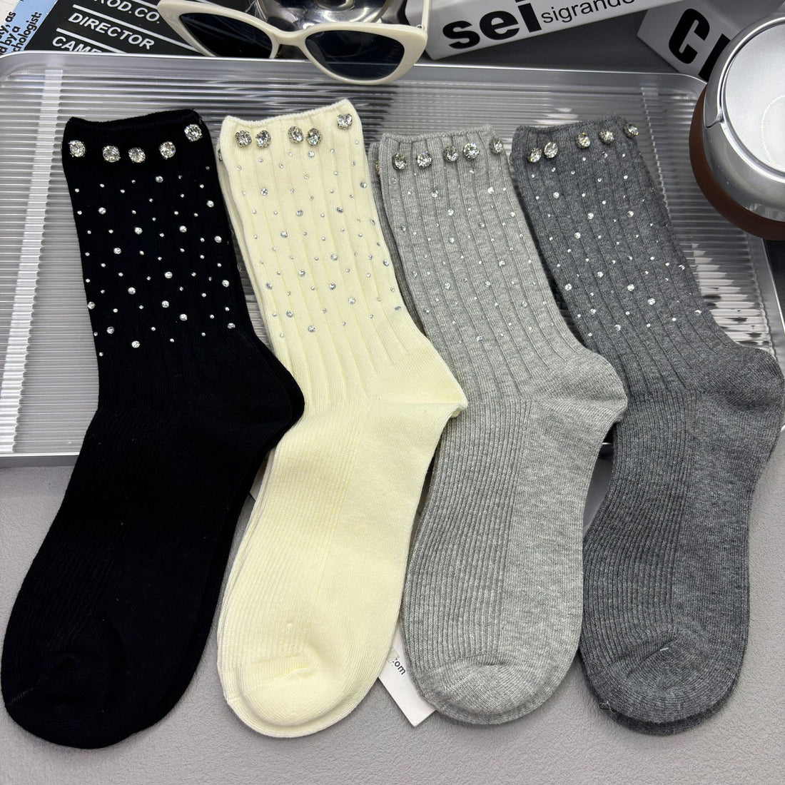 Rhinestone Ribbed Sweet Cotton Socks DP25A442