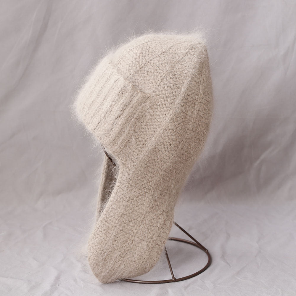 Fuzzy Angora Rabbit Fur Earflap Knit Beanie 6W6HAT691